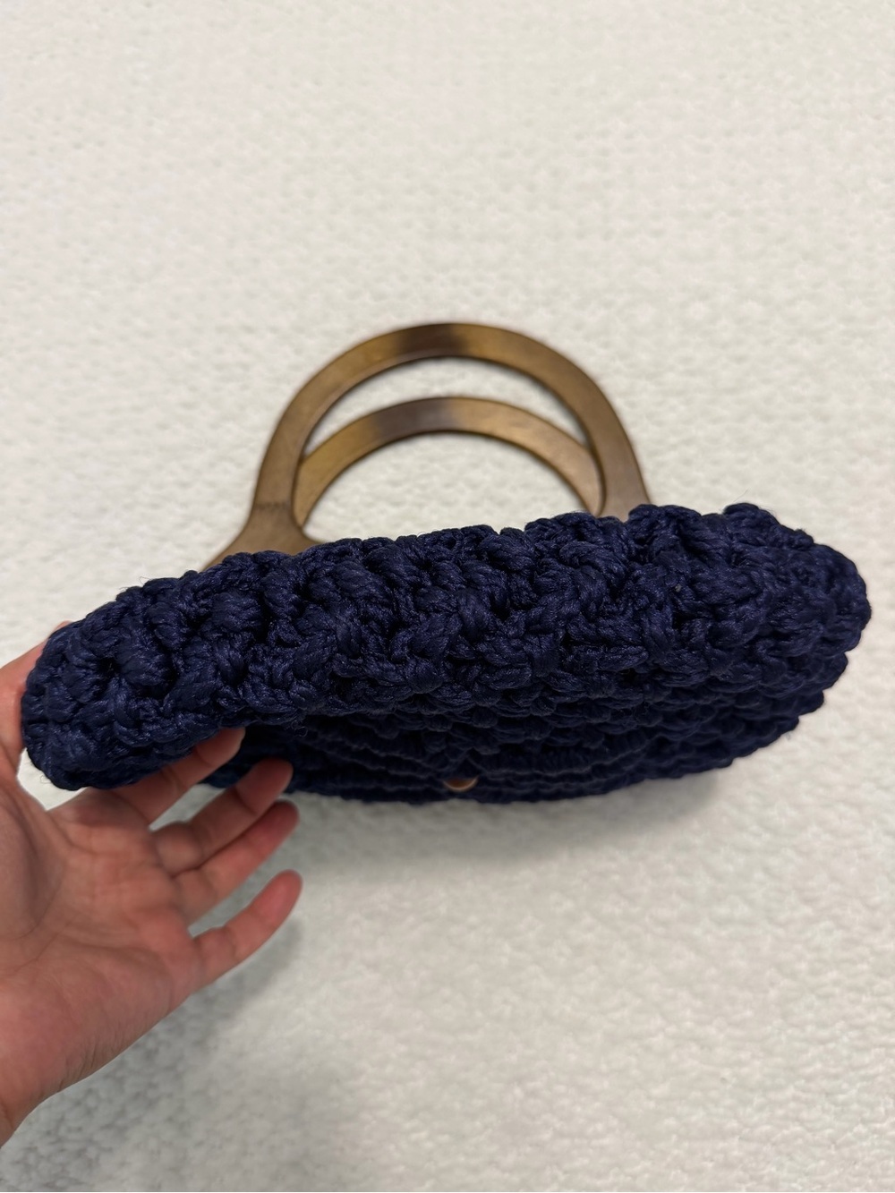 Vintage Handmade Macrame Handbag Brown Wood Handles Blue Purse - Picture 7 of 10